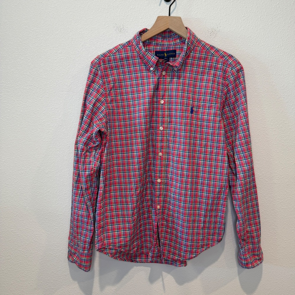 RALPH LAUREN Boys 100% Cotton Button Down XL 18-20 Red Pink Plaid Long Sleeve